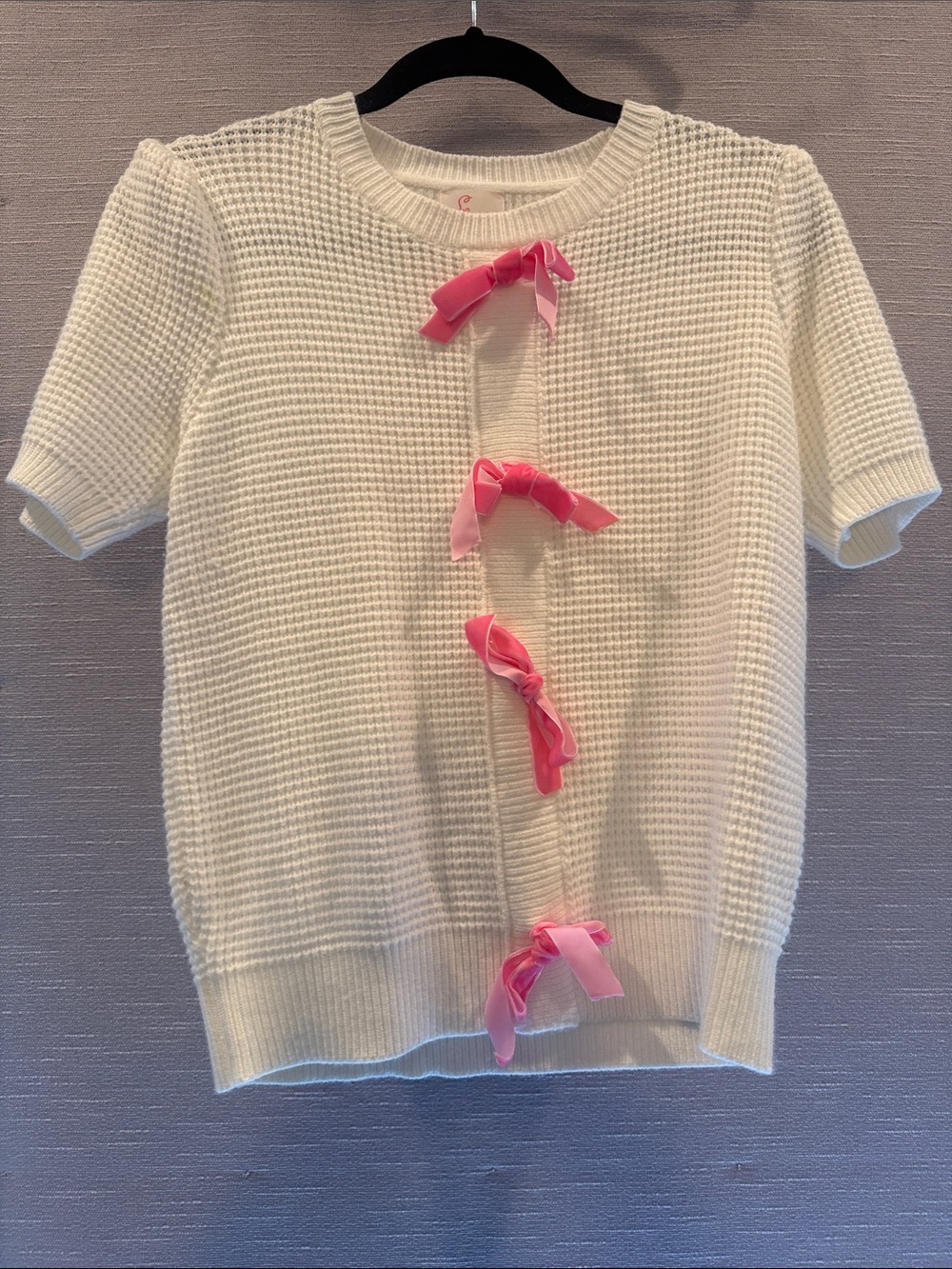 So Me Cream Short-Sleeve Knit Top with Pink Bow Details